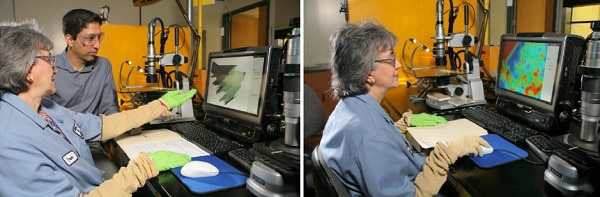 Technicians at the Vitro Glass Technology Center in Harmar Township, Pennsylvania use a digital electronic microscope to examine the topography of a coating on a glass sample. The topographical analyses, which can be rendered in three dimensions (as pictured at left) or as a color map (as pictured at right), are useful for the formulation and refinement of new automotive glass coatings and for diagnosing coatings-related problems on a production line.