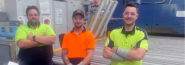 An integral part of the upgrade project success, from the left: Shawn Smit, Maintenance Manager, Zac Verhoeven, day shift Furnace Operator, David Owens, 2IC Production Coordinator and missing from the team picture Nathan Hill.