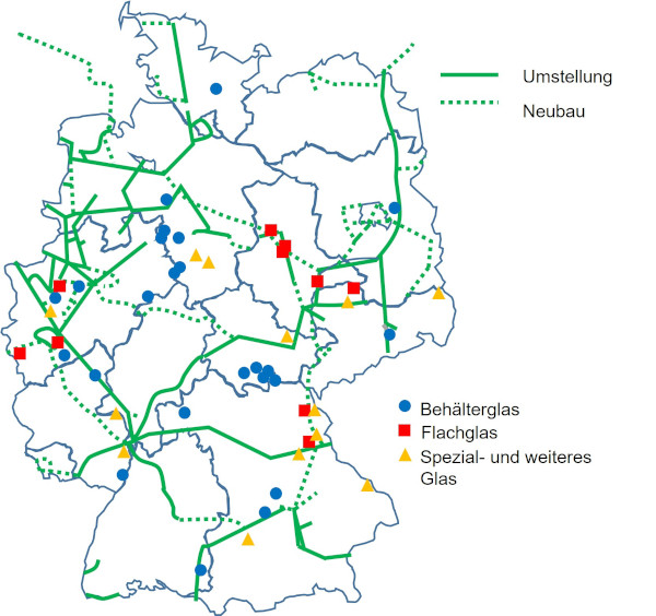 Status of hydrogen core network planned for 2032 and glass industry sites. Fig.: ©IER, Stuttgart University