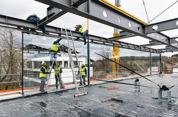 A milestone is achieved: with technical know-how and a great deal of dexterity the oversized insulation glass panes were installed on location at Langenneufnach. Photo: sedak
