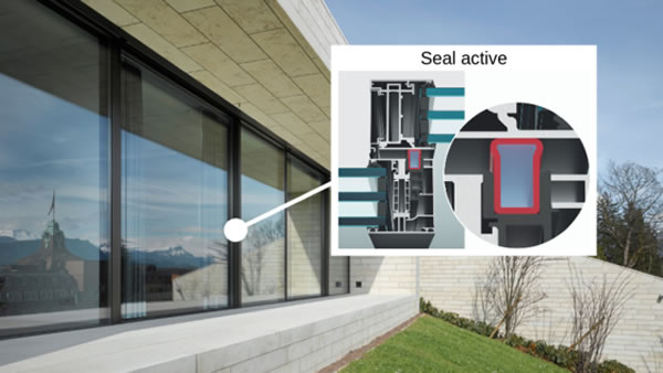 Active seal: By pressing the button, air is generated in the frame and pumped into the seal. The seal presses against the slide profile and closes the gap between slide and fixed frame absolutely tight.