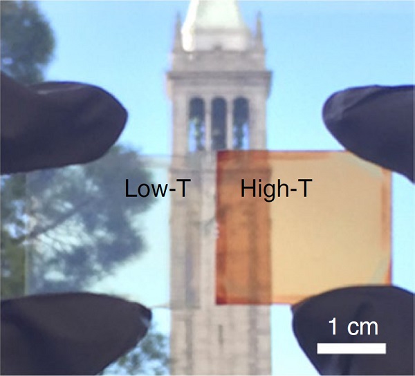 UC Berkeley’s campanile seen through the low-temperature thin-film halide perovskite, which is transparent, and the heated perovskite, which is orange-red and converts sunlight into electricity.