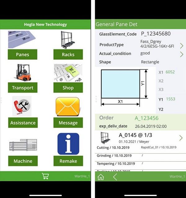 Images 2+3: In future, operators will no longer have to rely on local data access at the control panel. Instead, they will be able to perform such tasks as triggering a new order for damaged glass, determining where a glass rack has been parked, retrieving maintenance information, reporting a malfunction, or re-ordering supplies – all using an app developed by HEGLA New Technology.