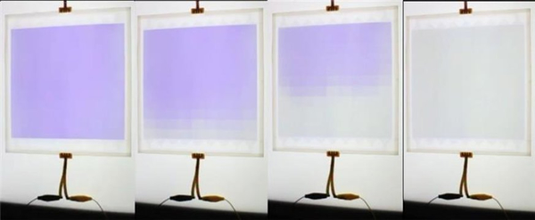 Dimming glass (20 cm x 20 cm) whose darkness can be varied from a completely darkened state (left) to a completely clear state (right). Credit: Image courtesy of NIMS