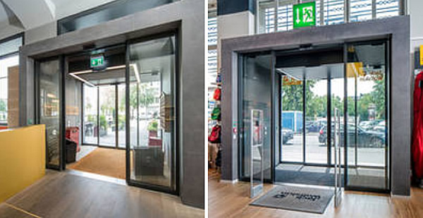 F.l.t.r.: Door control and protection with GC 363 SF combined detectors: for reliable detection with direction detection. They provide the highest level of security in the escape route by means of integrated self-monitoring. Entrance to the Wolfskin store: Also on the side façades: free accessibility and escape route protection in the continuous GEZE door design with Slimdrive SL-FR sliding door systems. Photos: GEZE GmbH