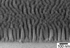 This cross-sectional image from a scanning electron microscope shows a glass surface textured with 170-nanometer-tall cones. The cones are packed very close to each other, only 52 nanometers apart. A two-inch piece of glass has 900 billion cones on its surface.