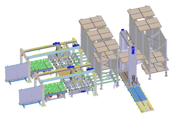 The insulated glass sorting cycle: first, the insulated glass panes are compiled and dried in the storage area. Once a batch is ready, it is prepared for shipping in precise time with the cycle and in the correct order.
