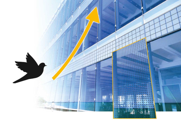 With opaque or semi-transparent dots on side 1, the treated glass provides maximum protection against bird strikes. The process was tested by the American Bird Conservancy (ABC) using a range of coatings and glass structures.