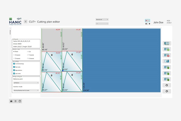 Image 2: It automatically creates waste-optimised cutting plans. Operators experience maximum flexibility: they can exchange panes or positions on the plan via drag & drop. The system also takes break-out edges and grinding additions into consideration, for example.