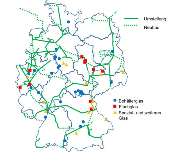 Planned status of the hydrogen core network in 2032 and locations of the glass industry.  Fig.: ©IER, University of Stuttgart