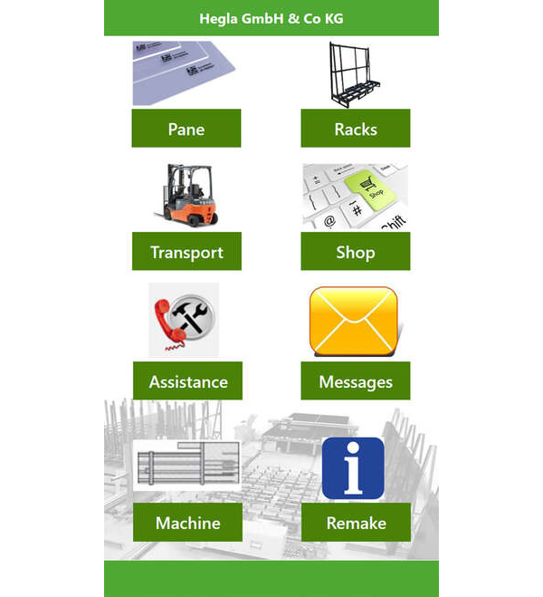 The manufacturer-independent HEGLA Shop-Floor Assistant app enables access from anywhere to the cockpit, maintenance intervals, machine data and documentation. Depending on the level of data integration, a QR code on the glass can be scanned to view fire protection certificates, re-order an identical pane of glass or locate glass racks.