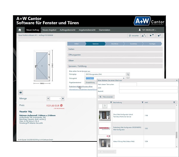 A door insert is requi-red: the A+W iQuote user selects the supplier's online configurator with a mouse-click.