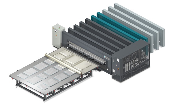 LamiPress for manufacturing certified laminated safety glass to customer specification in short production cycles, combining, for instance, float glass, toughened glass, tempered glass, thin glass, structured or special-purpose glass and diverse interlayers (PCB, SentryGlas®, EVA, TPU). Manufactured according to customer specifications