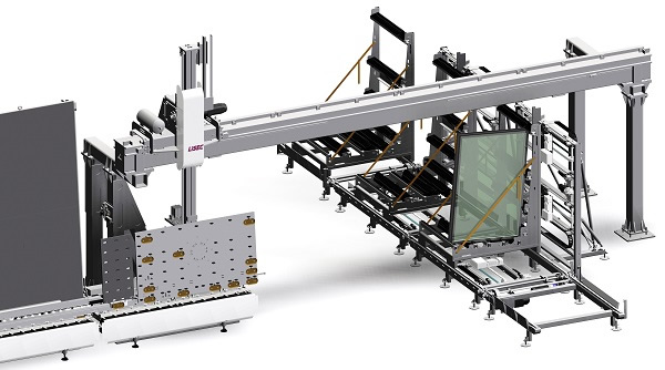 LiSEC handling system of insulating glass units consisting of a gantry crane facility (UTS-B) and a mobile unit buffer (MEB-B).