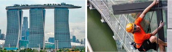 Lighter, stronger laminated glass allows for long, vertical glass fins that help sculpt and define the Marina Bay Sands hotel tower facades, well worth an adventurer’s climb!