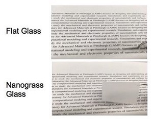 Researchers led by Pitt's Paul Leu created a new type of glass that is etched with nanograss structures. The top image shows that text can be read through normal flat glass, while the glass etched with nanostructure scatters light, making the glass appear opaque. This glass could help boost the performance of solar cells and LEDs. (Credit: Sajad Haghanifar, University of Pittsburgh)