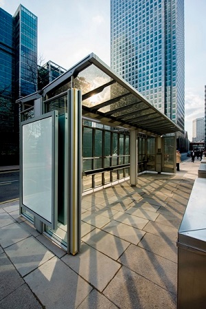 Transparent Solar Bus Shelter, Canary Wharf, London. Polysolar PS-CT-64/48 units (2.8 kWp).