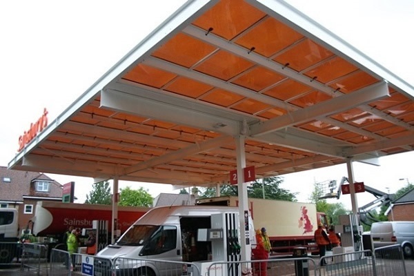 Polysolar Petrol Station Canopy, Sainsbury's, Bishop's Waltham. Polysolar PS-C901 transparent panels (15.7 kWp).