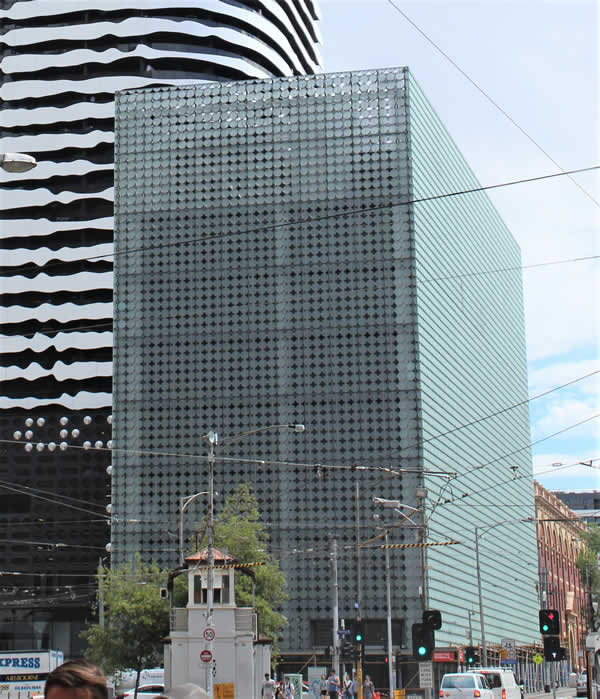 The RMIT building stands as a jewel on the Swanston Street.