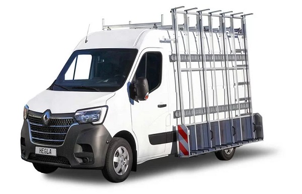 Image 3: HEGLA is exhibiting a Renault Master that has been converted into a glass-industry vehicle with an exterior rack, a divided, folding interior rack and a tool cabinet system for transporting glass and windows.
