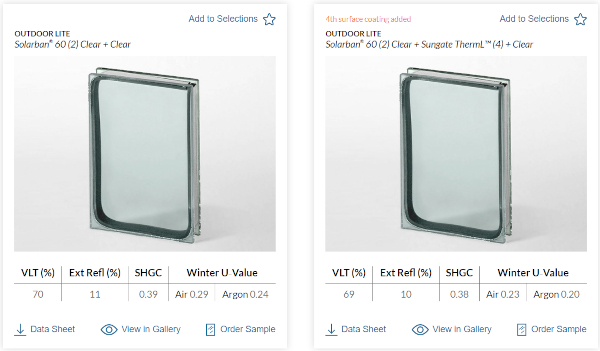 Pictured: Solarban® 60 glass paired with clear glass, and Solarban® 60 glass paired with Vitro’s newest product, Sungate ThermL™ glass, a fourth-surface low-e coating that dramatically increases thermal performance, wherever needed.