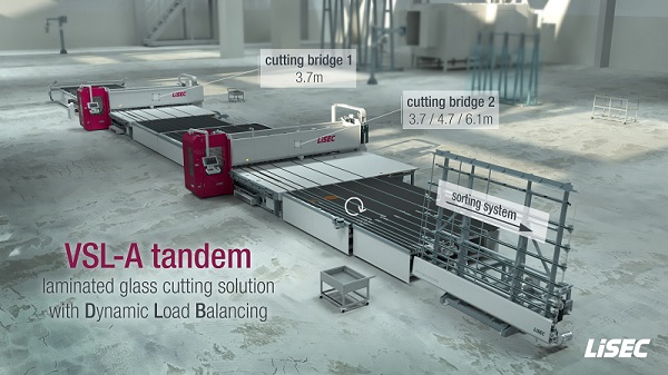 Laminated glass cutting with dynamic load balancing: The VSL-A system solution for especially fast laminated glass cutting by LiSEC (Type A customer system). Intelligent Dynamic Load Balancing ideally supplies both cutting bridges, which maximizes output with low space requirements. © LiSEC