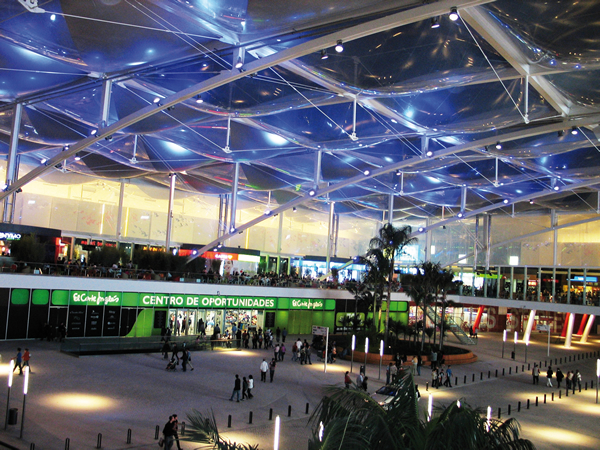 Shopping center “Dolce Vita Shopping Complex“ in Lisbon, Portugal with ETFE membrane elements. Each roof element provides  potential for integration of either solar cells or electrochromic  films 