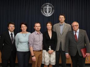 From right to left: prof. M. Liška,  prof. D. Galusek, Dr. D. Galusková, Dr. J. Kraxner, Dr. A. Chrastinová,  Dr. P. Hošták