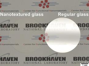 The image compares the glare from a conventional piece of glass (right) to that from nanotextured glass (left), which shows no glare at all.