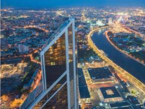 Electrically heatable FGL Heated glass on top and sloped areas. Mercury City Tower, Moscow. Customer Josef Gartner GmbH Germany