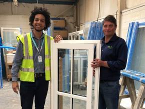 Leon Gayle, Business Development Manager at MACO Door & Window Hardware (UK) Limited (left) and Darren Young, Production Director at Gowercroft Joinery (right) inspecting the design of one of the Hardwick Casement windows.