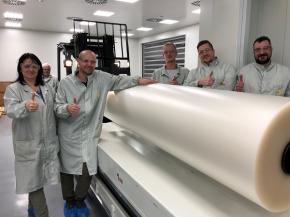 The Trosifol team in Holešov with one of the first SentryGlas® rolls (from the left): Jana Noskova, Jakub Sykora, Rosta Ftacnik, Tomas Horak, Marek Kristek