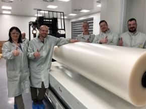 The Trosifol team in Holešov with one of the first SentryGlas® rolls (from the left): Jana Noskova, Jakub Sykora, Rosta Ftacnik, Tomas Horak, Marek Kristek