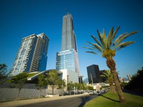 The 68-story KOI Tower in Monterrey, Mexico, features a facade composed primarily of double-pane insulating glass units (IGUs) fabricated with Solarban® R100 Optiblue® glass by Vitro Architectural Glass.