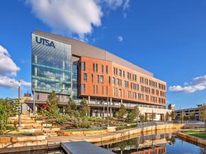 Solarban® 70 glass, red brick, limestone masonry and metal display a high-tech facade at the University of Texas at San Antonio (UTSA) National Security Collaboration Center