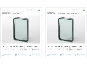 Pictured: Solarban® 60 glass paired with clear glass, and Solarban® 60 glass paired with Vitro’s newest product, Sungate ThermL™ glass, a fourth-surface low-e coating that dramatically increases thermal performance, wherever needed.