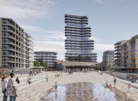 Visualisation of the Heldenplein (Eng. Hero square) with the 67 m high residential Heldentoren (Eng. Hero tower) in the back (© Neutelings & Riedijk)