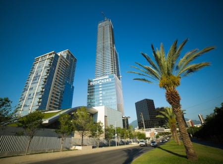 The 68-story KOI Tower in Monterrey, Mexico, features a facade composed primarily of double-pane insulating glass units (IGUs) fabricated with Solarban® R100 Optiblue® glass by Vitro Architectural Glass.