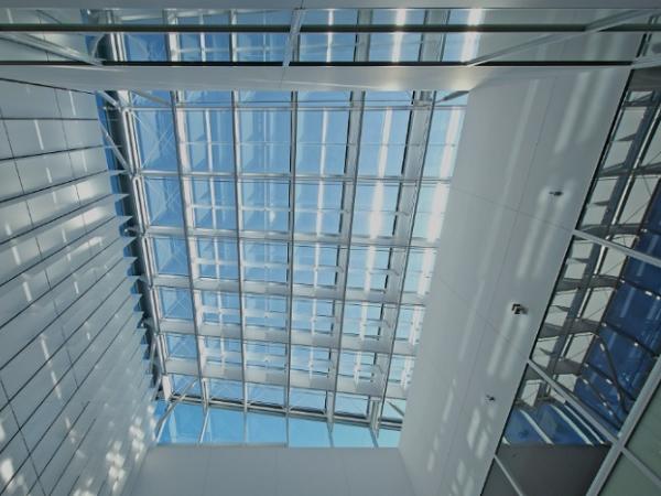 The skylight as viewed from ground floor. The prism louvres appear to be shiny. The skylight as viewed from ground floor. The prism louvres appear to be shiny.