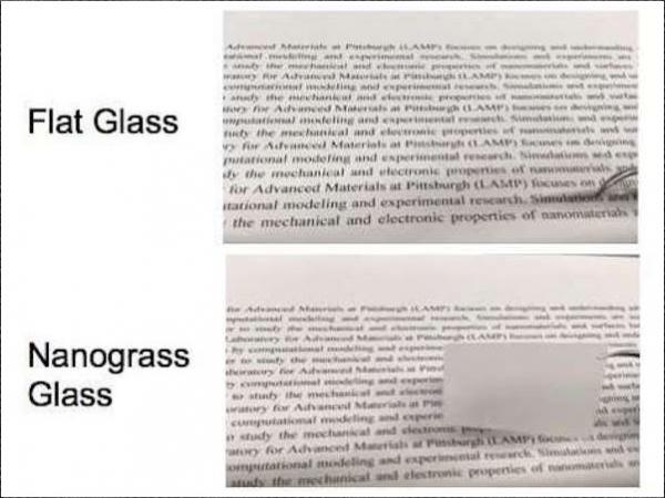 The top image shows that text can be read through normal flat glass, while the glass etched with nanostructure scatters light, making the glass appear opaque. This glass could help boost the performance of solar cells and LEDs.