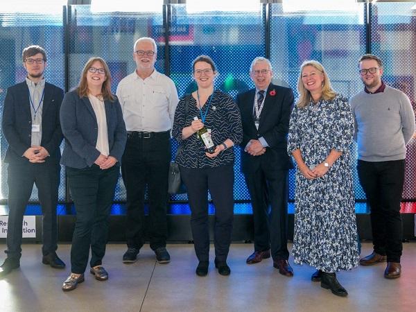 Pictured left to right are Aston Fuller, Glass Futures, Claire Spooner, EPSRC UKRI, Dr Jeremy Walton, UKESM, Sarah Munby, Permanent Secretary for BEIS, Richard Katz, Glass Futures, Kirstie MacIntyre, Diageo and Clegg Bamber NERC UKRI.