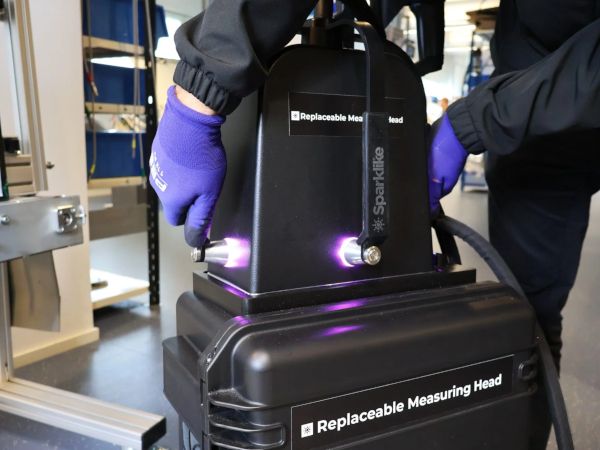 Passive Windoor using Sparklike Laser PortableTM to measure argon concentration in insulating glass units as part of quality control. 